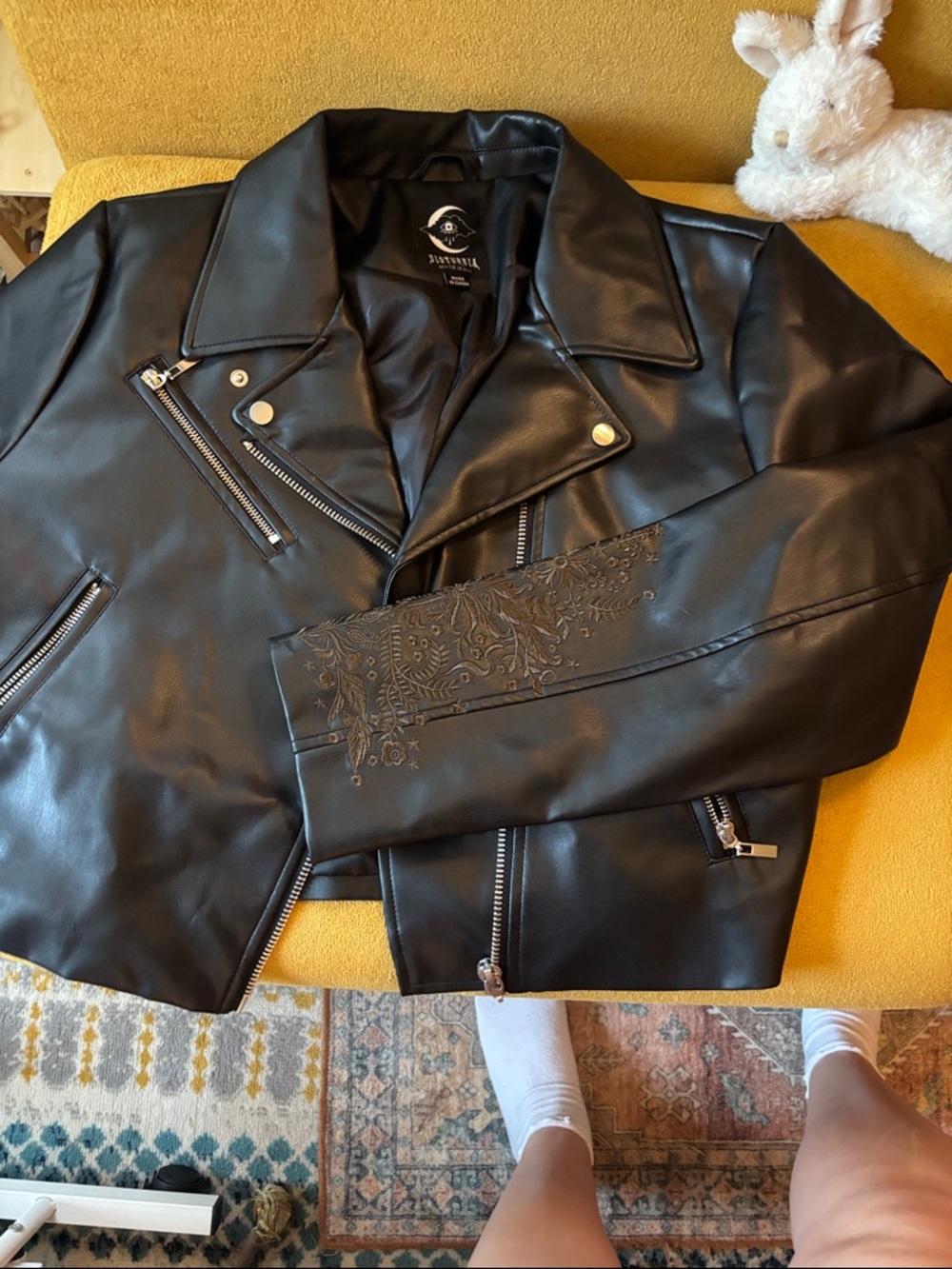 Disturbia Black Faux Leather Jacket with embroidery